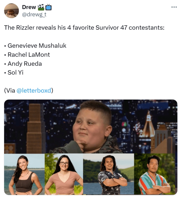 The Rizzler reveals his 4 favorite Survivor 47 contestants meme.