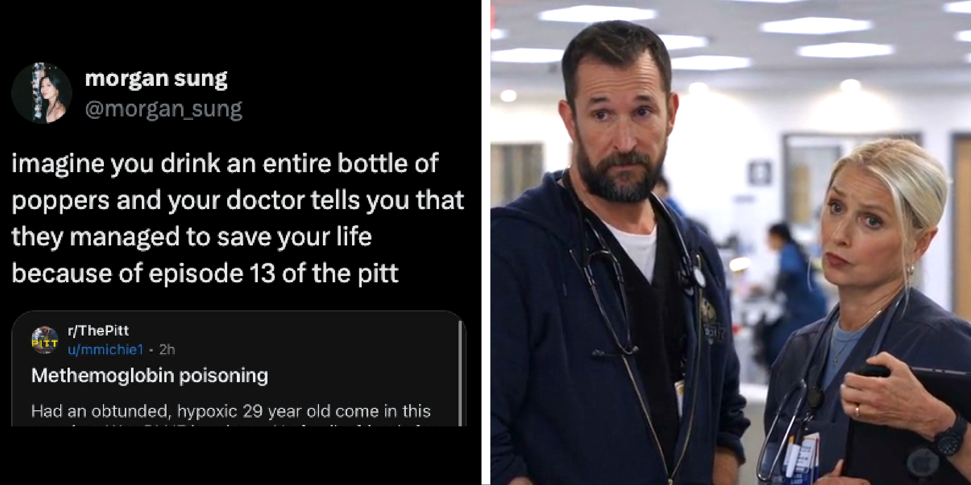 Screenshot of a tweet and a scene from the TV show the Pitt.