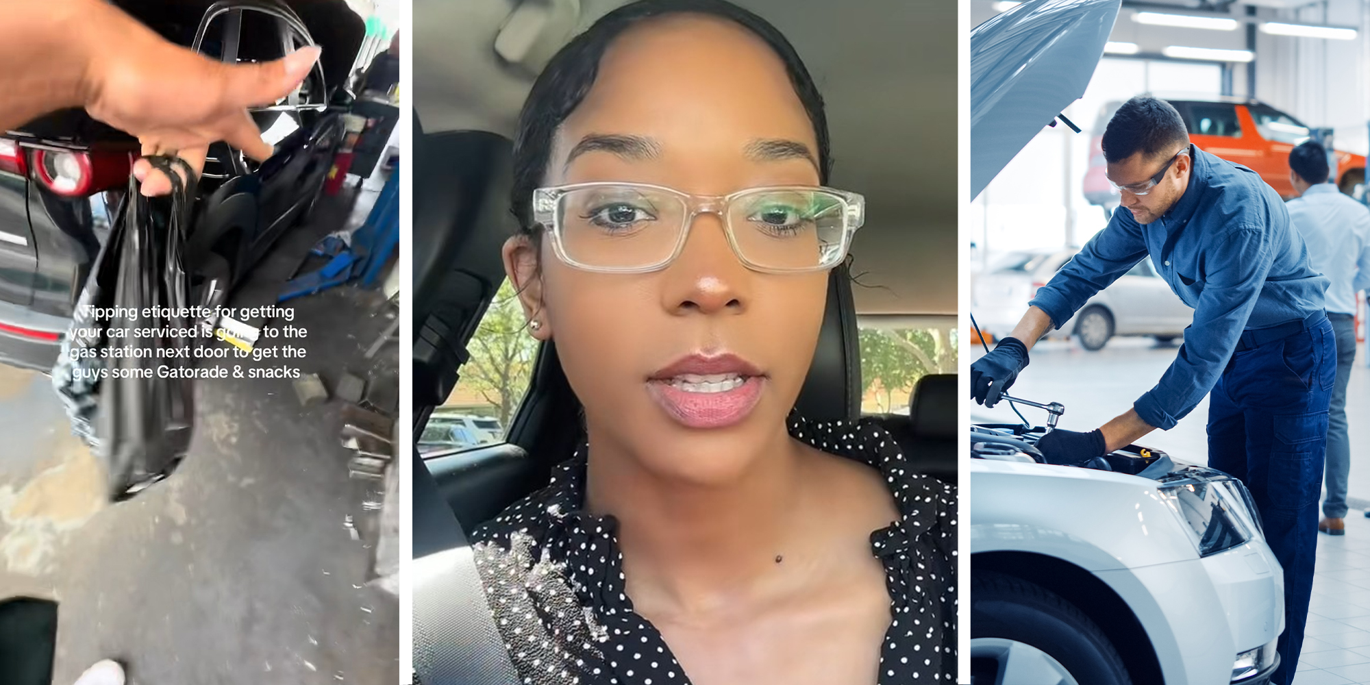 tipping snacks to customers(l) Woman wearing glasses(c) Mechanic checking Car(r)