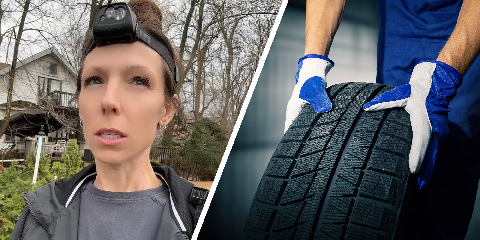 woman talking a walk near neighborhood(r) mechanic checks tires(r)