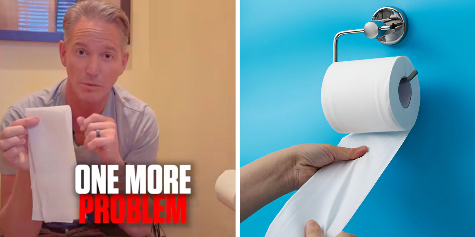 Screenshot of Tiktok user @drpompawellness holding a piece of Toilet paper with the caption "ONE MORE PROBLEM"; Photo of hands pulling toilet paper from a roll.