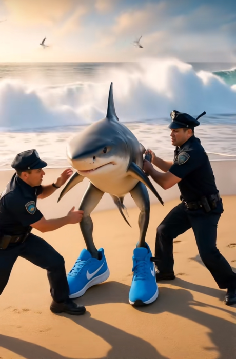 A shark-man getting arrested on the beach.