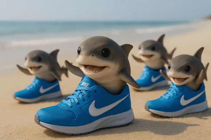 Four AI-generated baby sharks in Nike sneakers.