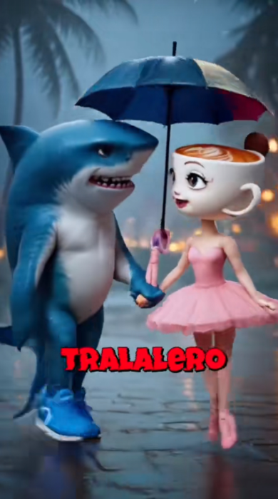 Tralalero Tralala and Ballerina Cappuccina walking down the street in the rain under an umbrella.