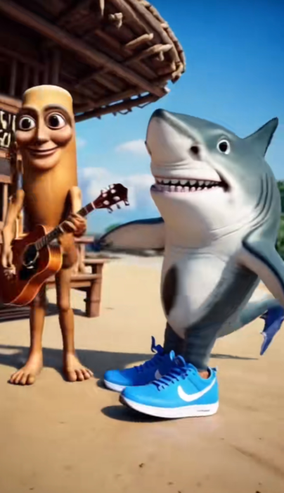 Tralalero Tralala and Tung Tung Tung Sahur hanging out on a beach.