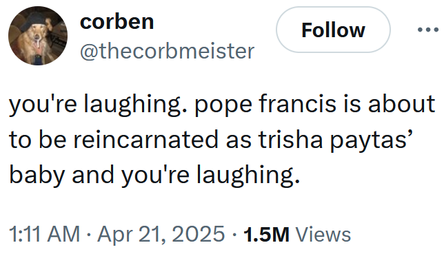 Tweet reading "you're laughing. pope francis is about to be reincarnated as trisha paytas’ baby and you're laughing."