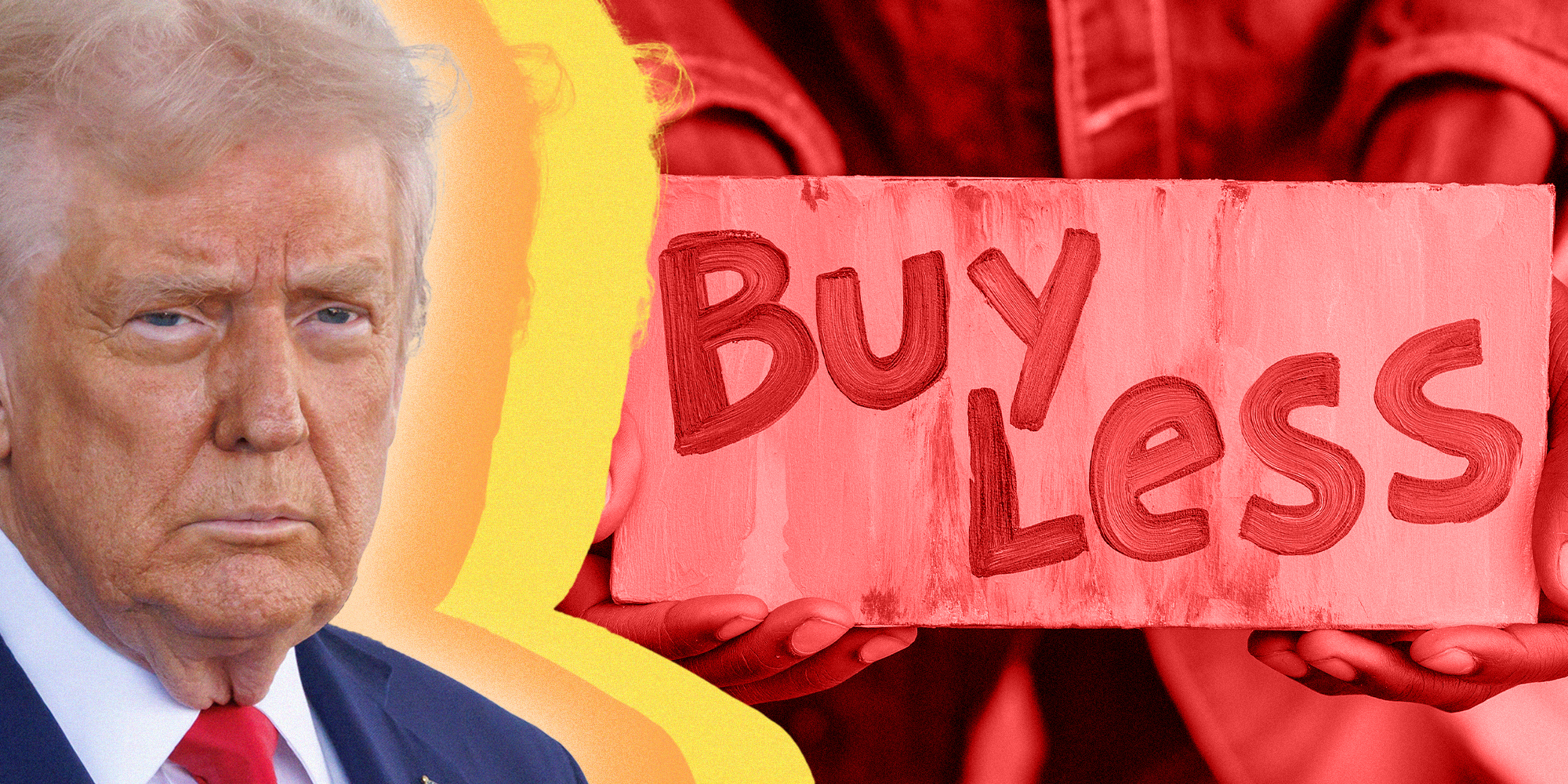 President Donald Trump with Buy Less sign in background