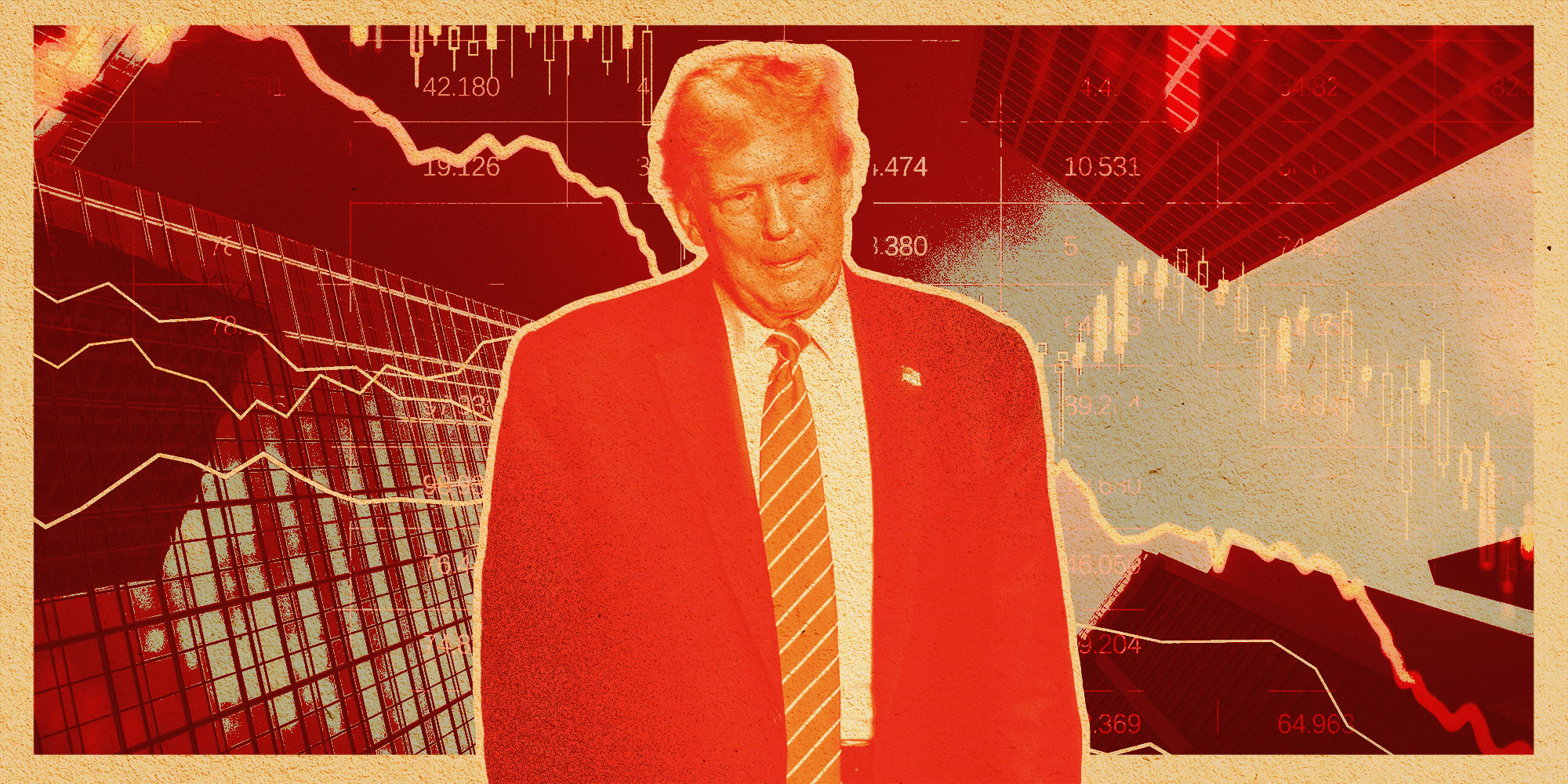 Photo Illustration in the style of a vintage Cold War poster of Donald Trump over a downward stock arrow.