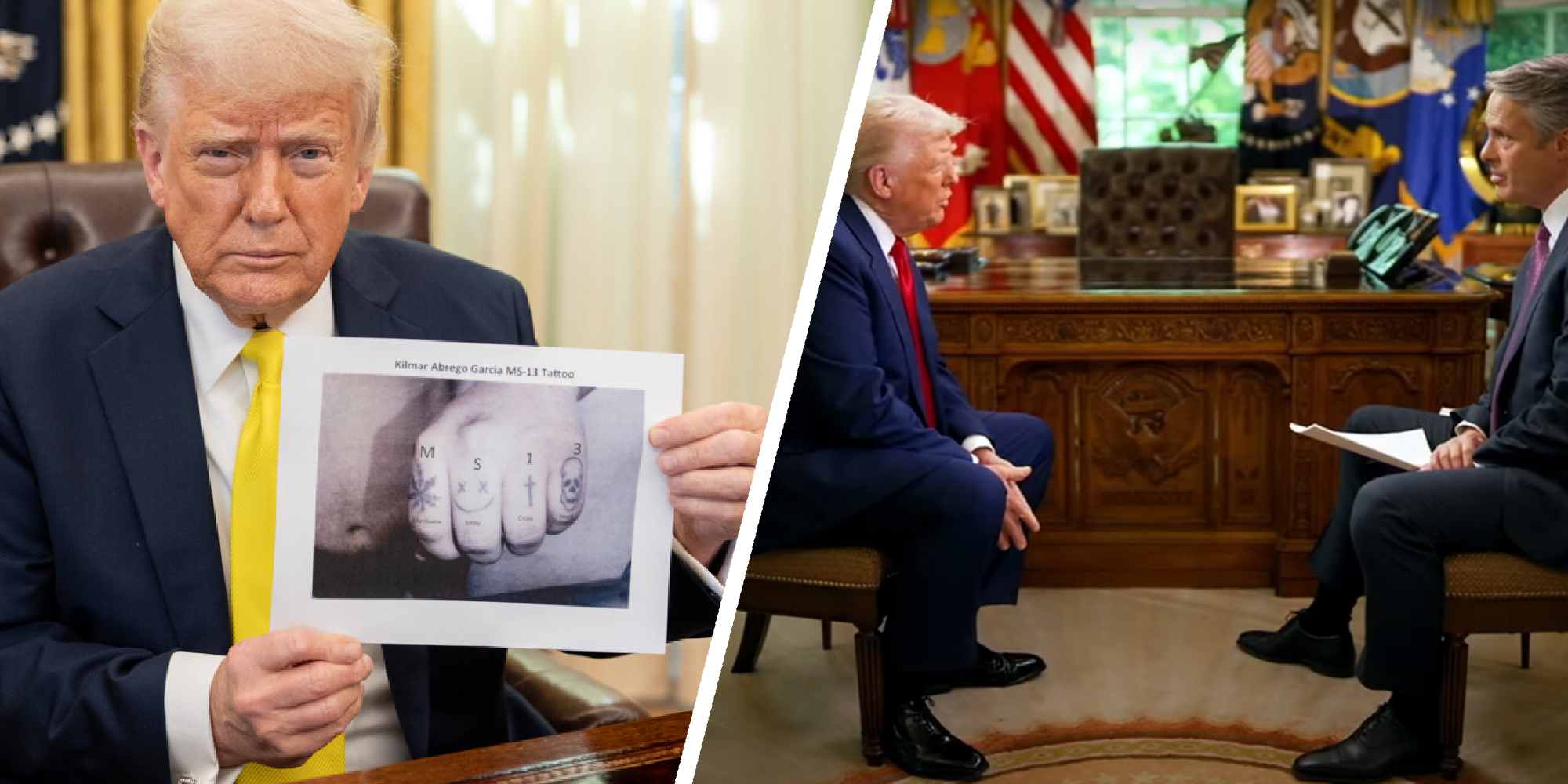 two panel image of Donald Trump holding up a photo in the oval office and being interviewed in the oval office on another occassion.