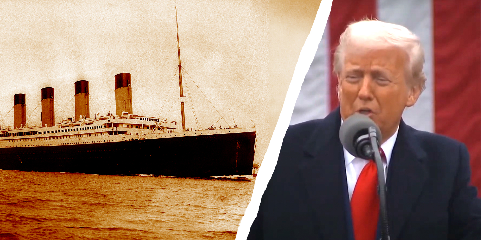 2 panel image: the Titanic ship and Donald Trump.