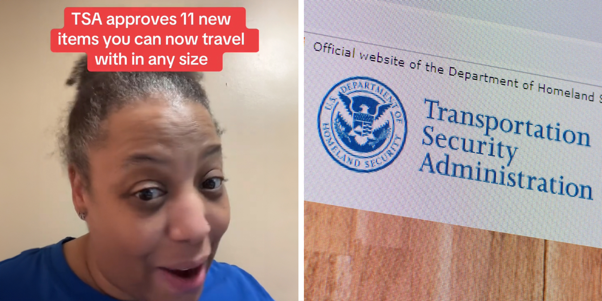 2 panel image: a person explaining on the left and on the right the TSA website.