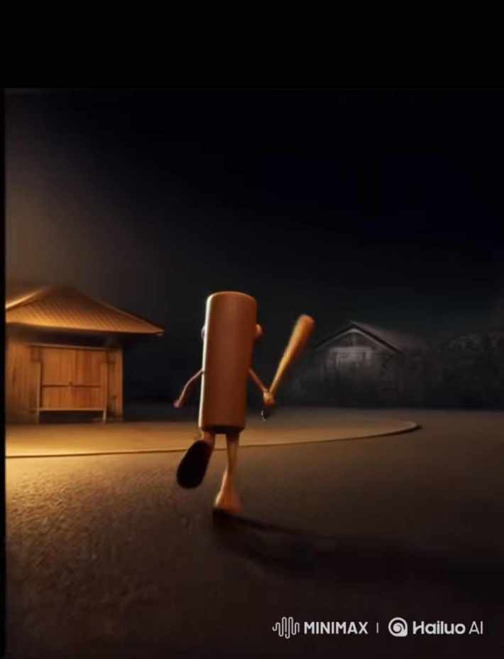 Tung Tung Tung Sahur running off into the dark with its baseball bat.