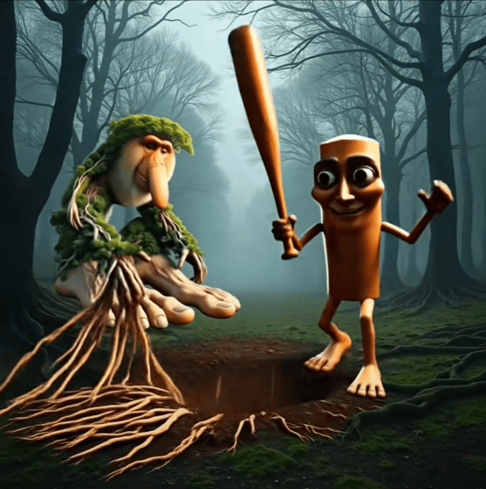 Brr Brr Patapim and Tung Tung Tung Sahur fighting each other in a forest.