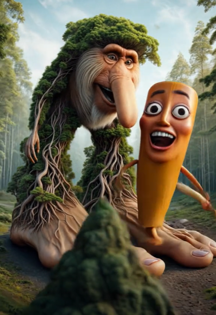 Brr Brr Patapim and Tung Tung Tung Sahur smiling together in a forest.