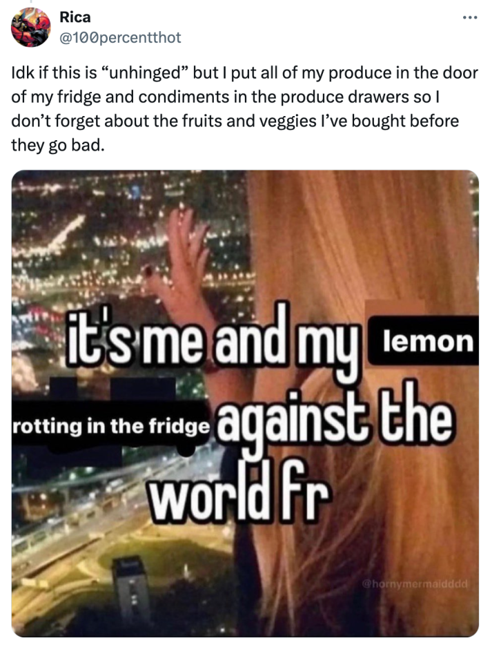 unhinged neurodivergent hack response: "Idk if this is 'unhinged' but I put all of my produce in the door of my fridge and condiments in the produce drawers so I don’t forget about the fruits and veggies I’ve bought before they go bad."