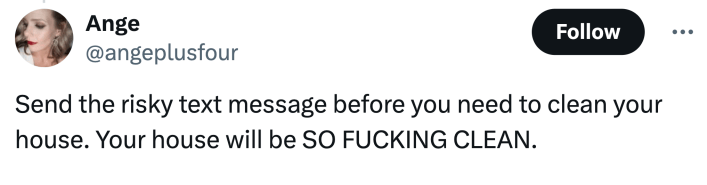 "Send the risky text message before you need to clean your house. Your house will be SO FUCKING CLEAN."