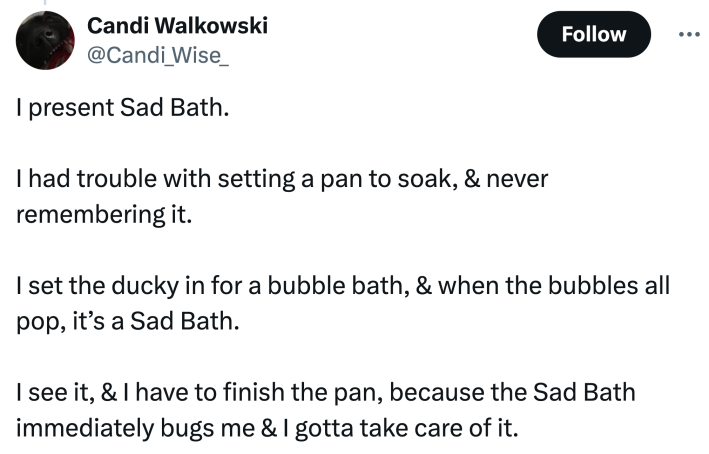 "I present Sad Bath.I had trouble with setting a pan to soak, & never remembering it.I set the ducky in for a bubble bath, & when the bubbles all pop, it’s a Sad Bath.I see it, & I have to finish the pan, because the Sad Bath immediately bugs me & I gotta take care of it."