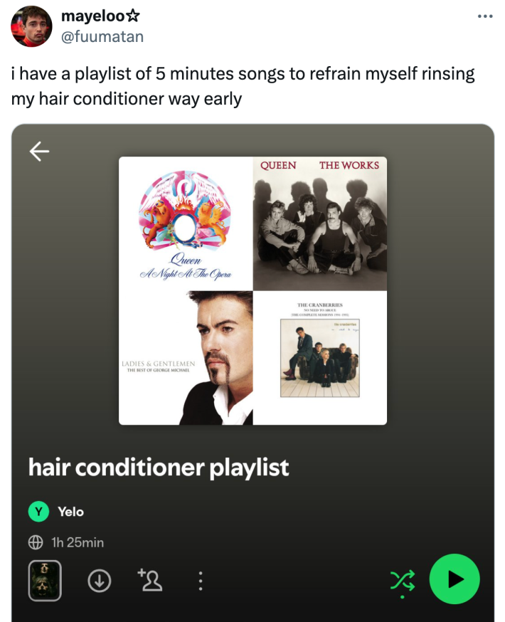 unhinged neurodivergent hack response: "i have a playlist of 5 minutes songs to refrain myself rinsing my hair conditioner way early" with a screenshot of their hair conditioner playlist.