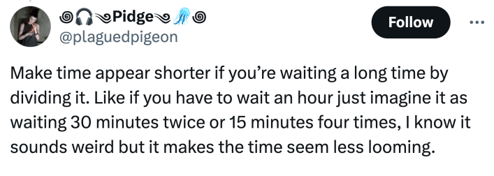 unhinged neurodivergent hack response: "Make time appear shorter if you’re waiting a long time by dividing it. Like if you have to wait an hour just imagine it as waiting 30 minutes twice or 15 minutes four times, I know it sounds weird but it makes the time seem less looming."