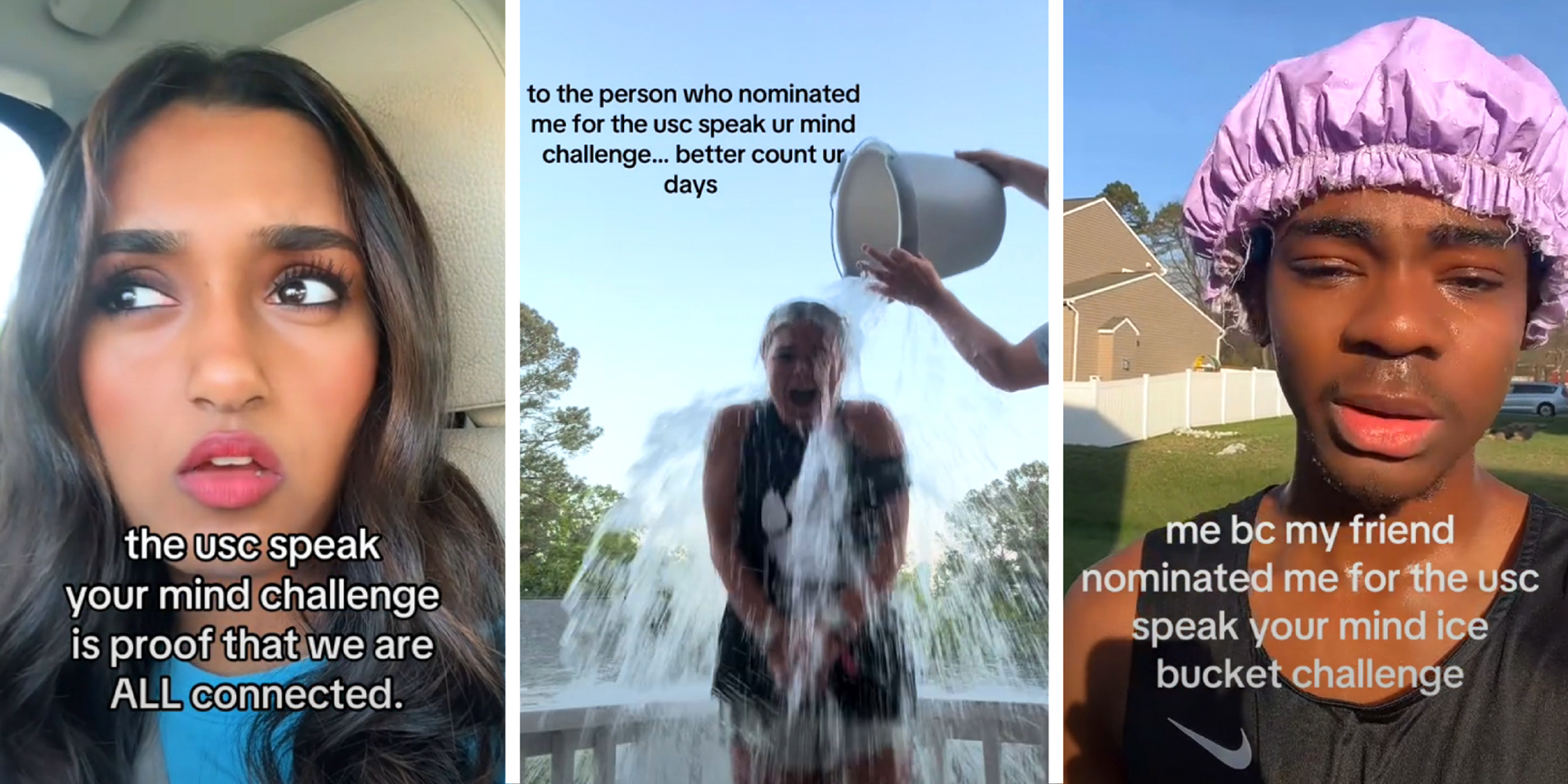 3 panel image of people talking on camera and one person getting doused with water.