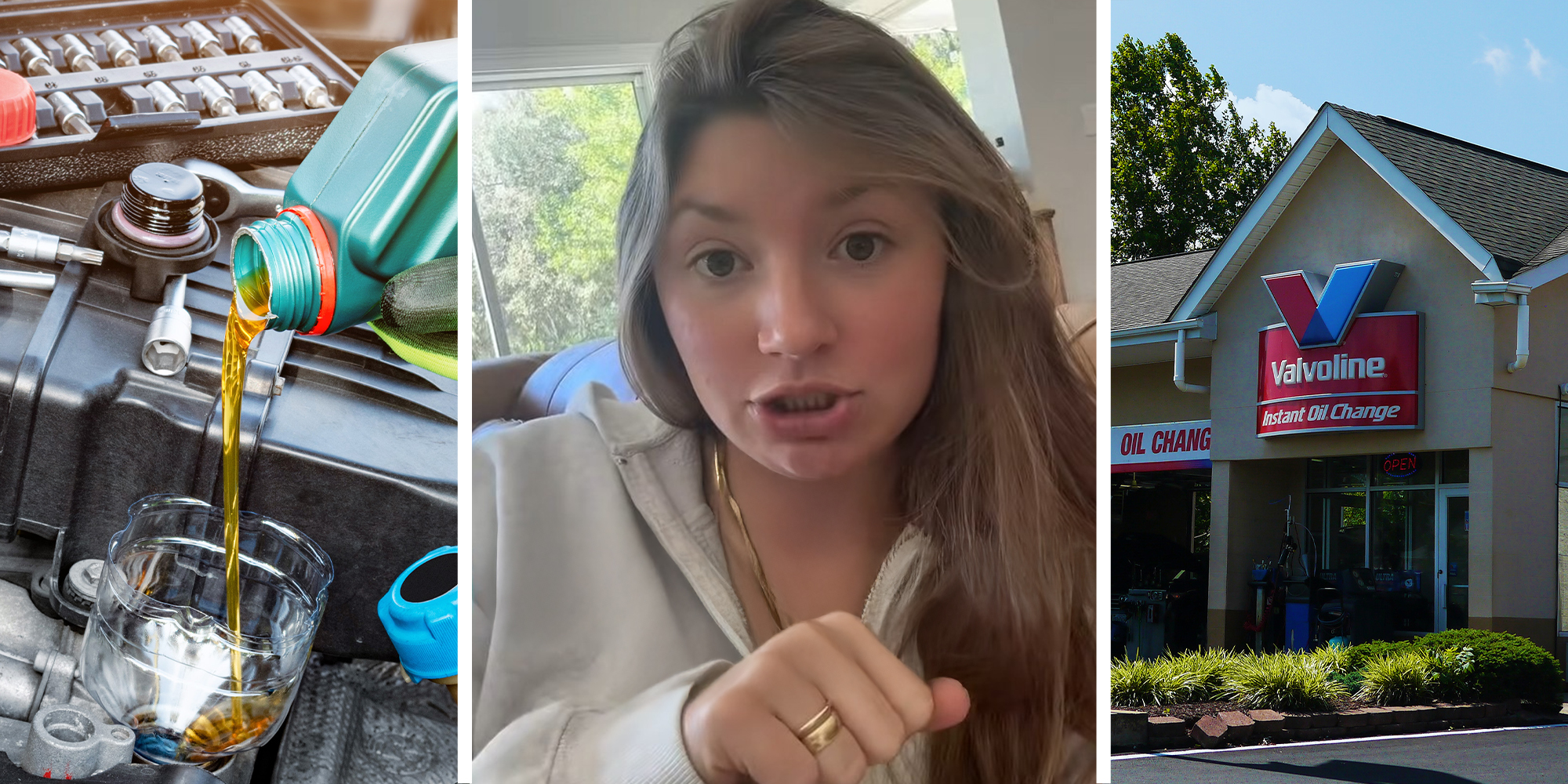 adding oil to engine with plastic container(l) Woman shares psa on valvoline oil(c) Valvoline building(r)