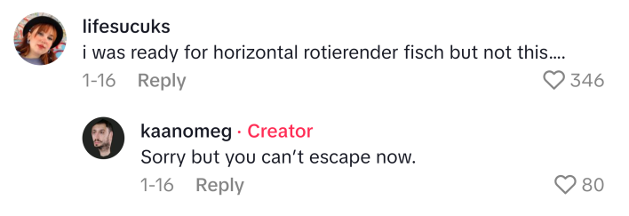 TikTok comment that says, "i was ready for horizontal rotierender fisch but not this…." to which the OP replied, "Sorry but you can’t escape now."
