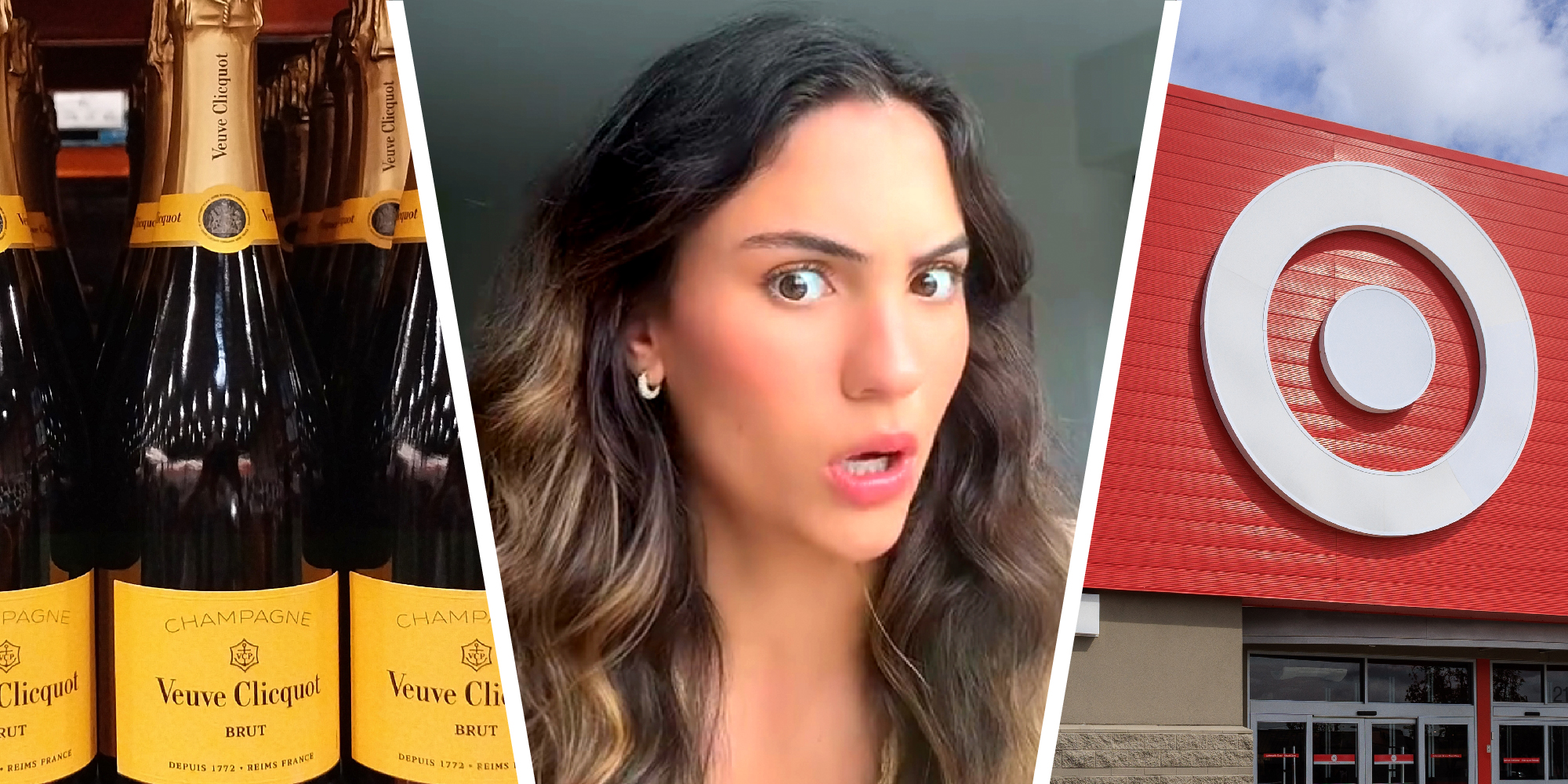 3 panel image - a shelf of Veuve champagne, a person explains and the exterior of a Target store.