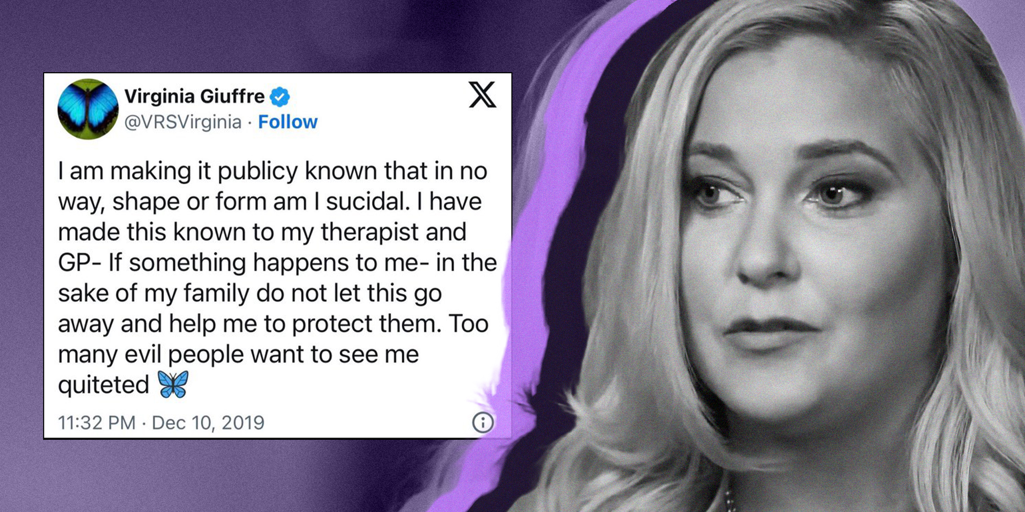 Virginia Giuffre in black and white with X Tweet