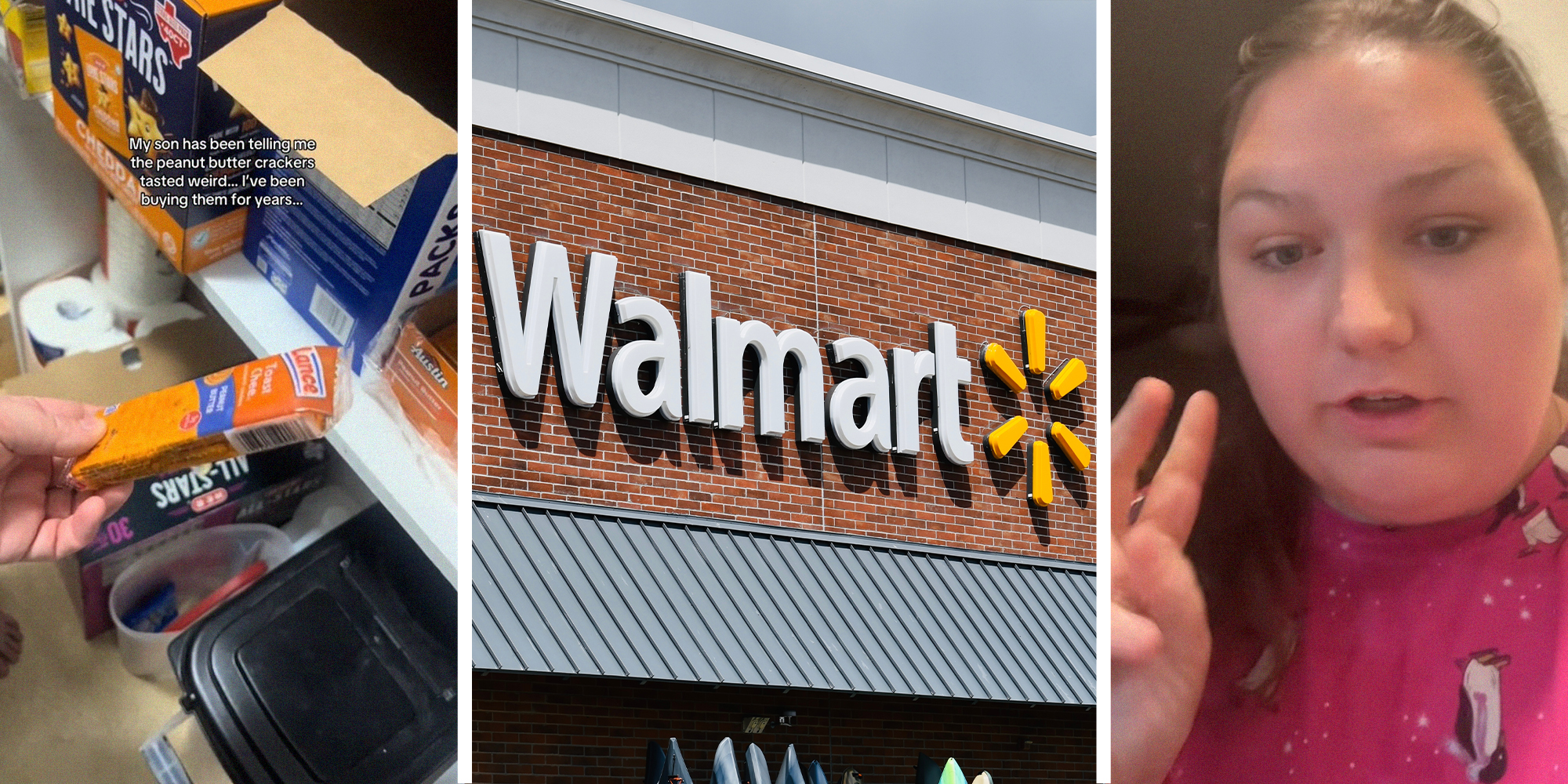 person holding Peanut butter crackers(l) Walmart Store Front(c) Woman shares issues with peanut butter crackers(r)