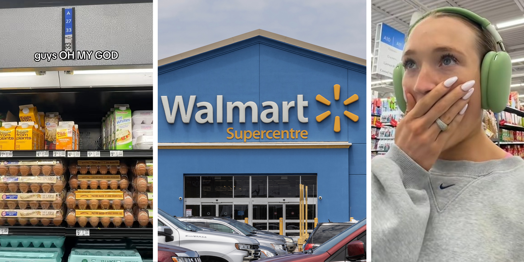 eggs stocked at walmart display(l) Walmart Store Front(c) woman looking shocked while inside walmart store(r)