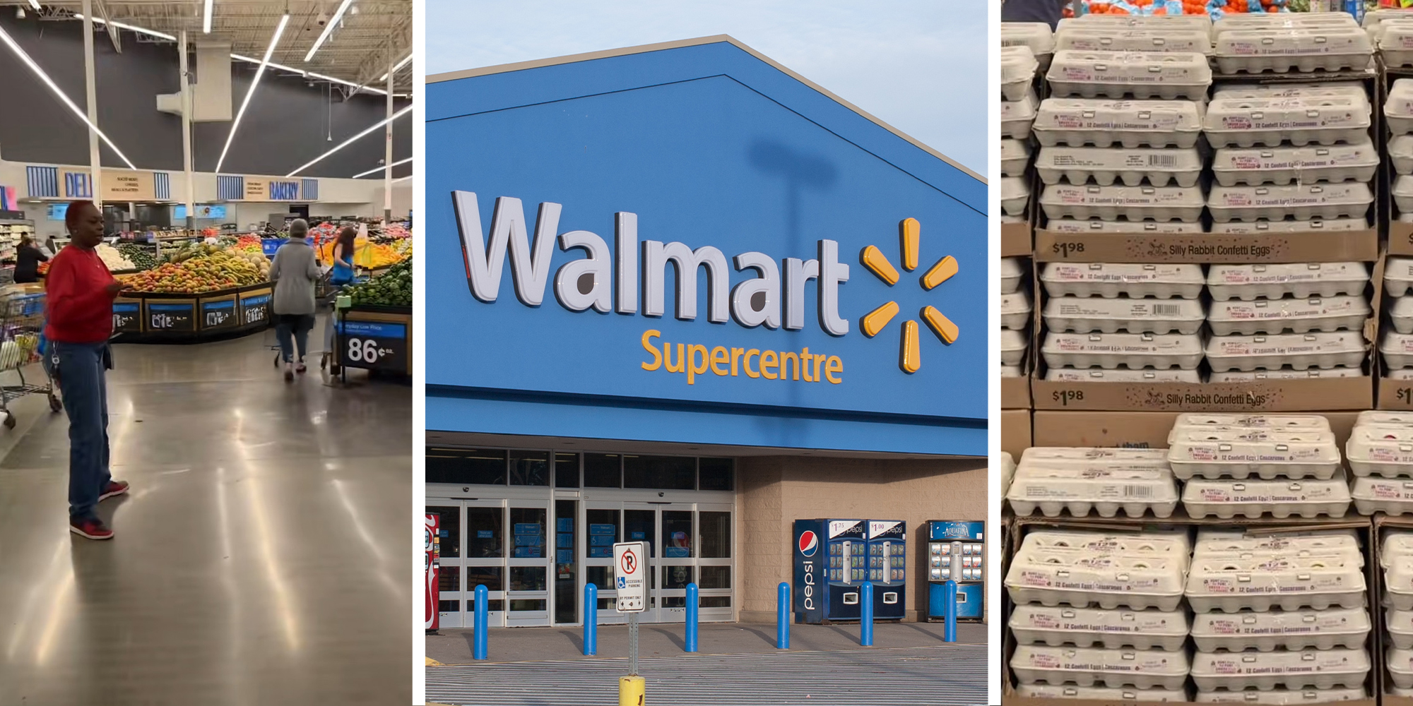 woman inside of walmart store(l) Walmart Store Front(c) Walmart Eggs on display(r)
