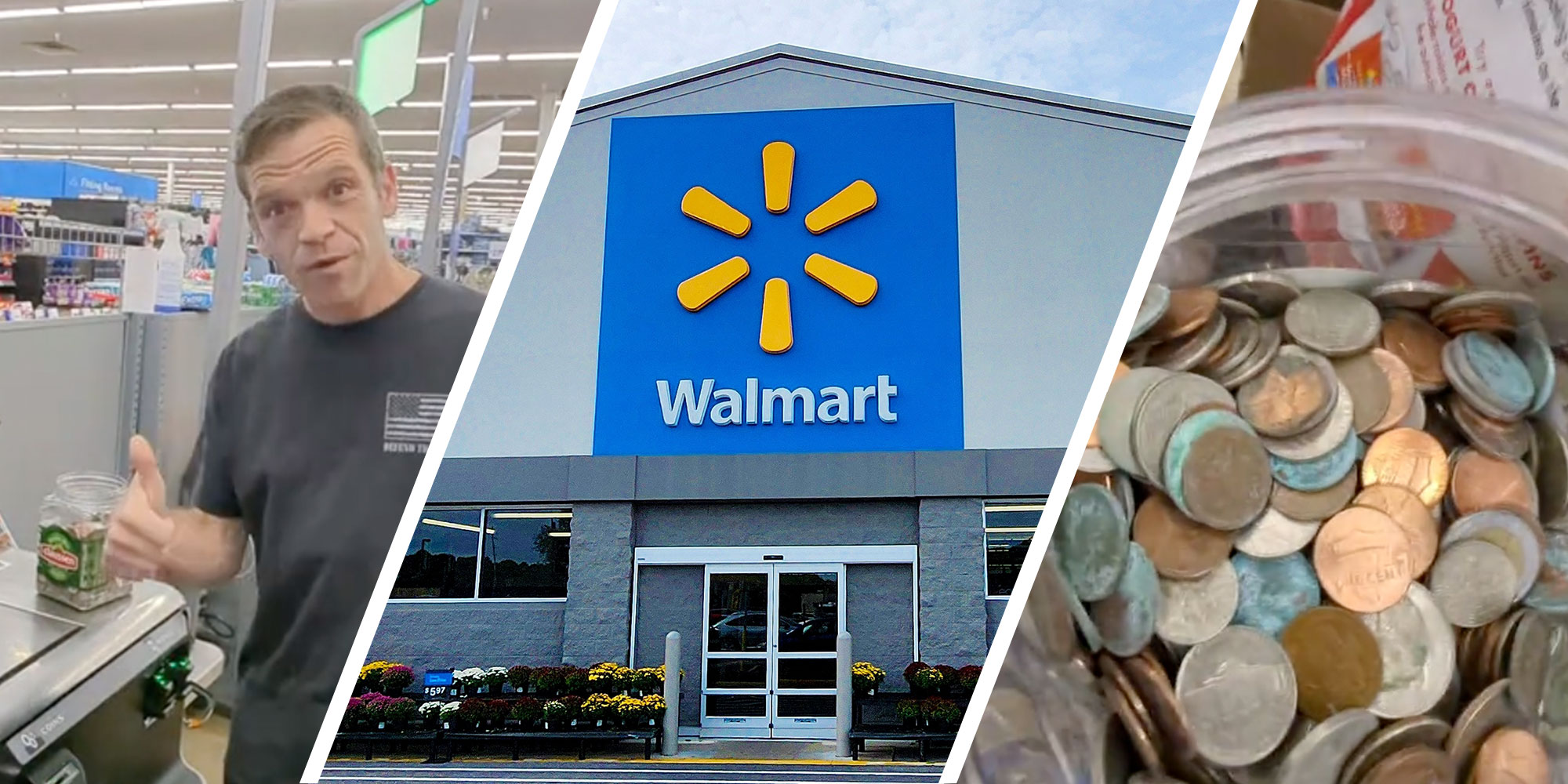 Left: Screenshot of Tiktok user @jamemartyn at a Walmart self-checkout; Photo of A Walmart exterior; Screenshot from Tiktok user @jamemartyn of a jar of coins.