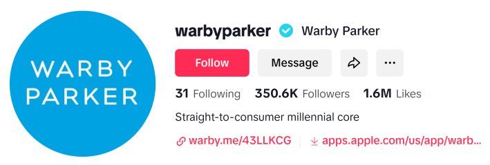 Screenshot of Warby Parker's updated bio.