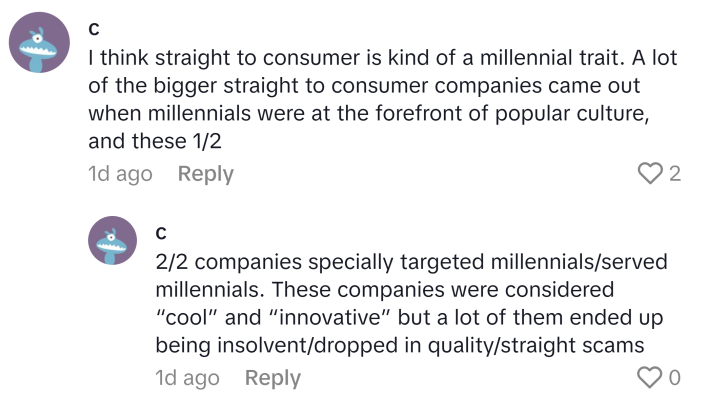 TikTok comment about DTC being a Millennial trait.