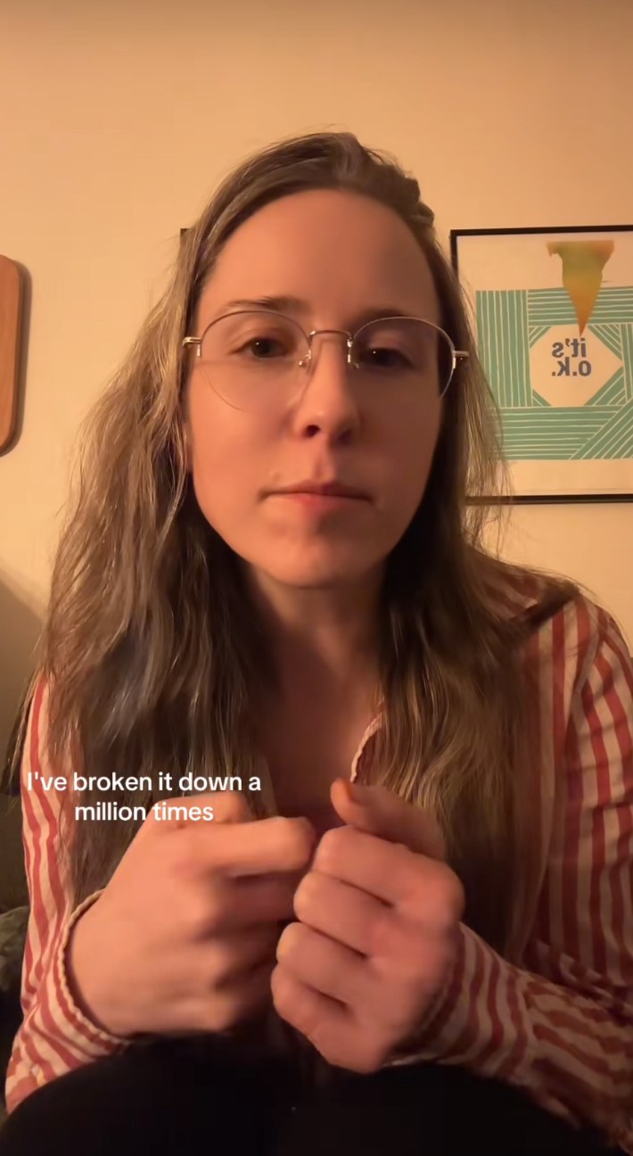 A woman talking to the camera saying, "I've broken it down a million times."