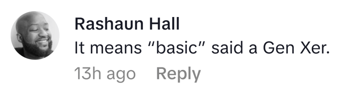 TikTok comment, text reads, "It means 'basic' said a Gen Xer."