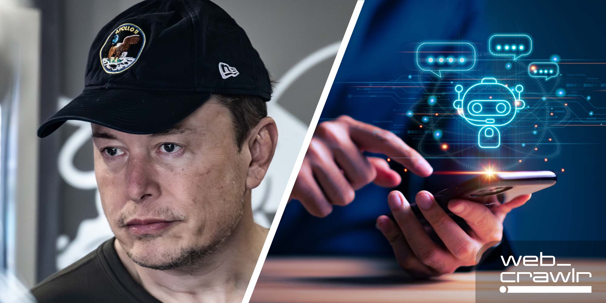 Elon Musk and someone holding a phone that is illustrating AI. The Daily Dot newsletter web_crawlr logo is in the bottom left corner.