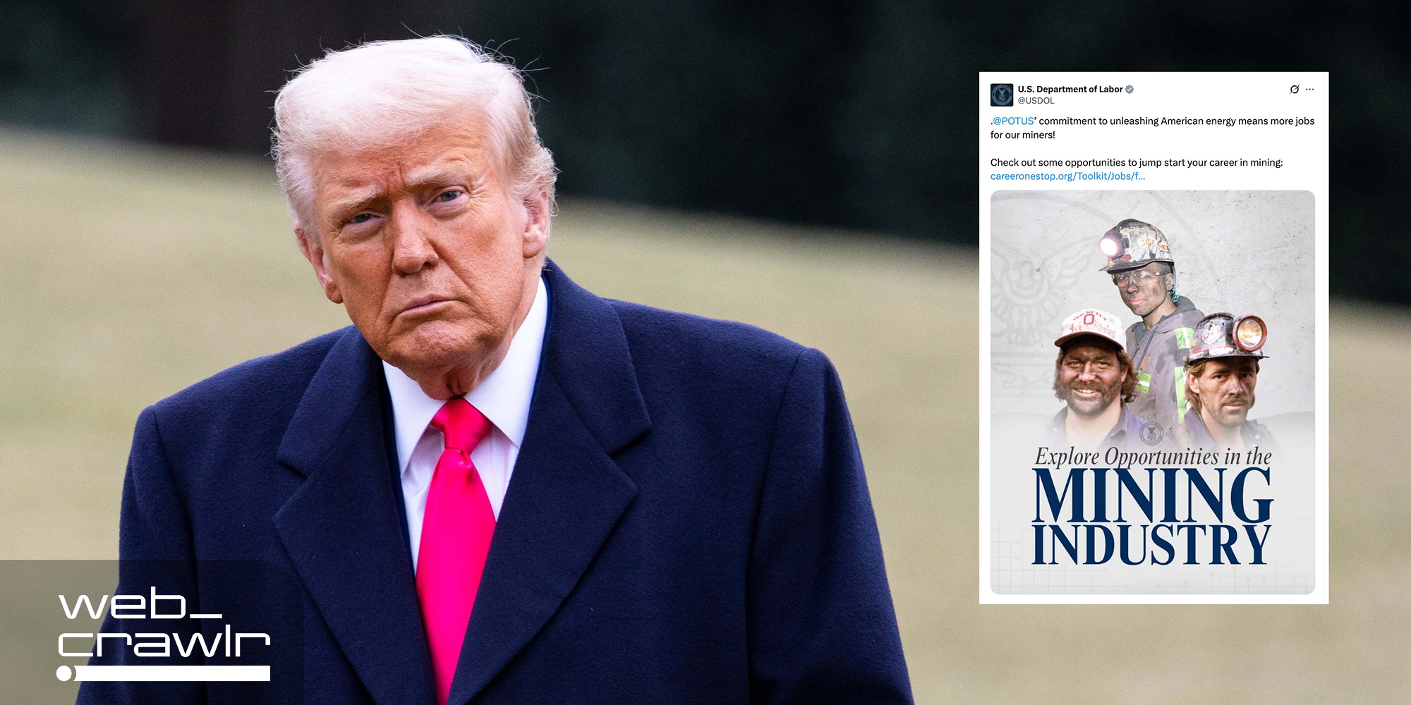 Donald Trump grimacing next to a tweet from the Department of Labor. The Daily Dot newsletter web_crawlr logo is in the bottom left corner.