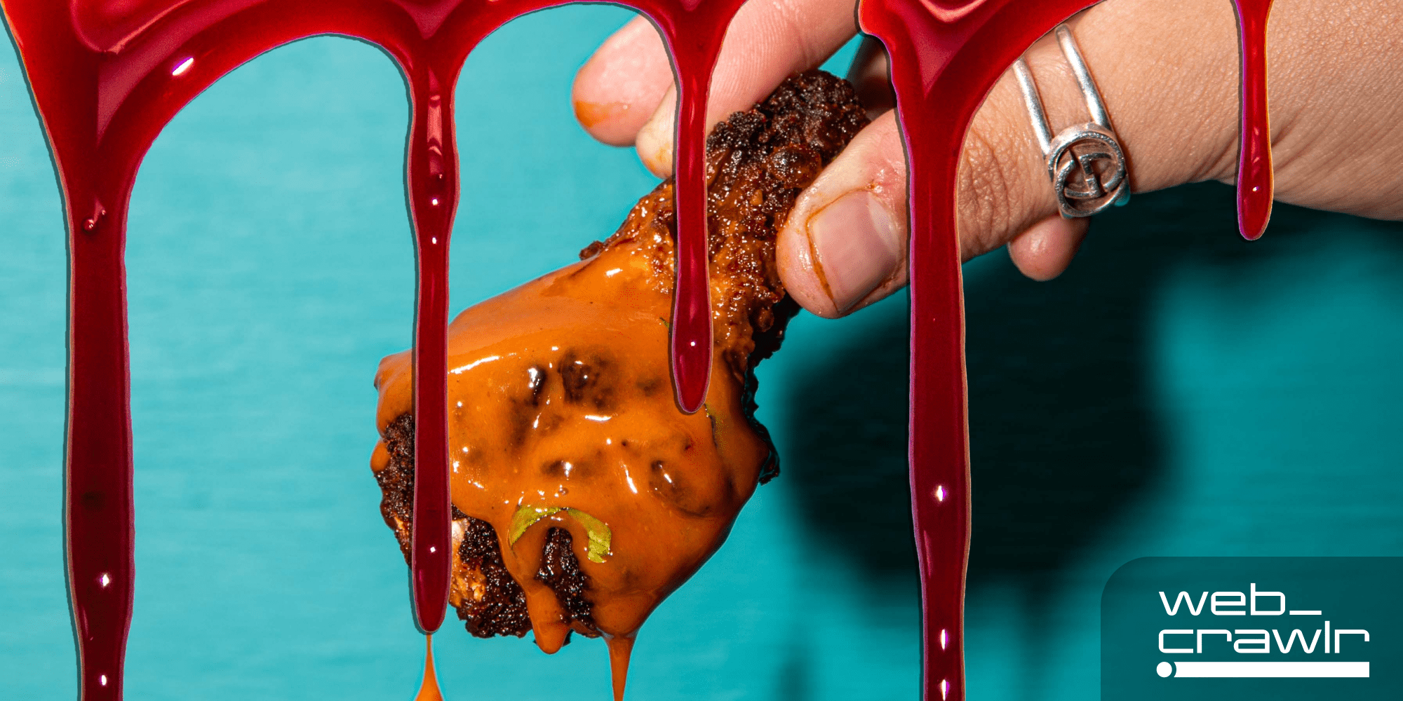 A chicken wing with blood streaming down. The Daily Dot newsletter web_crawlr logo is in the bottom right corner.