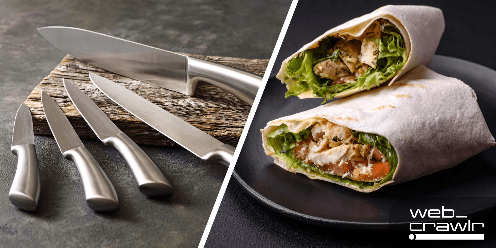 A series of knives next to a chicken wrap. The Daily Dot newsletter web_crawlr logo is in the bottom right corner.