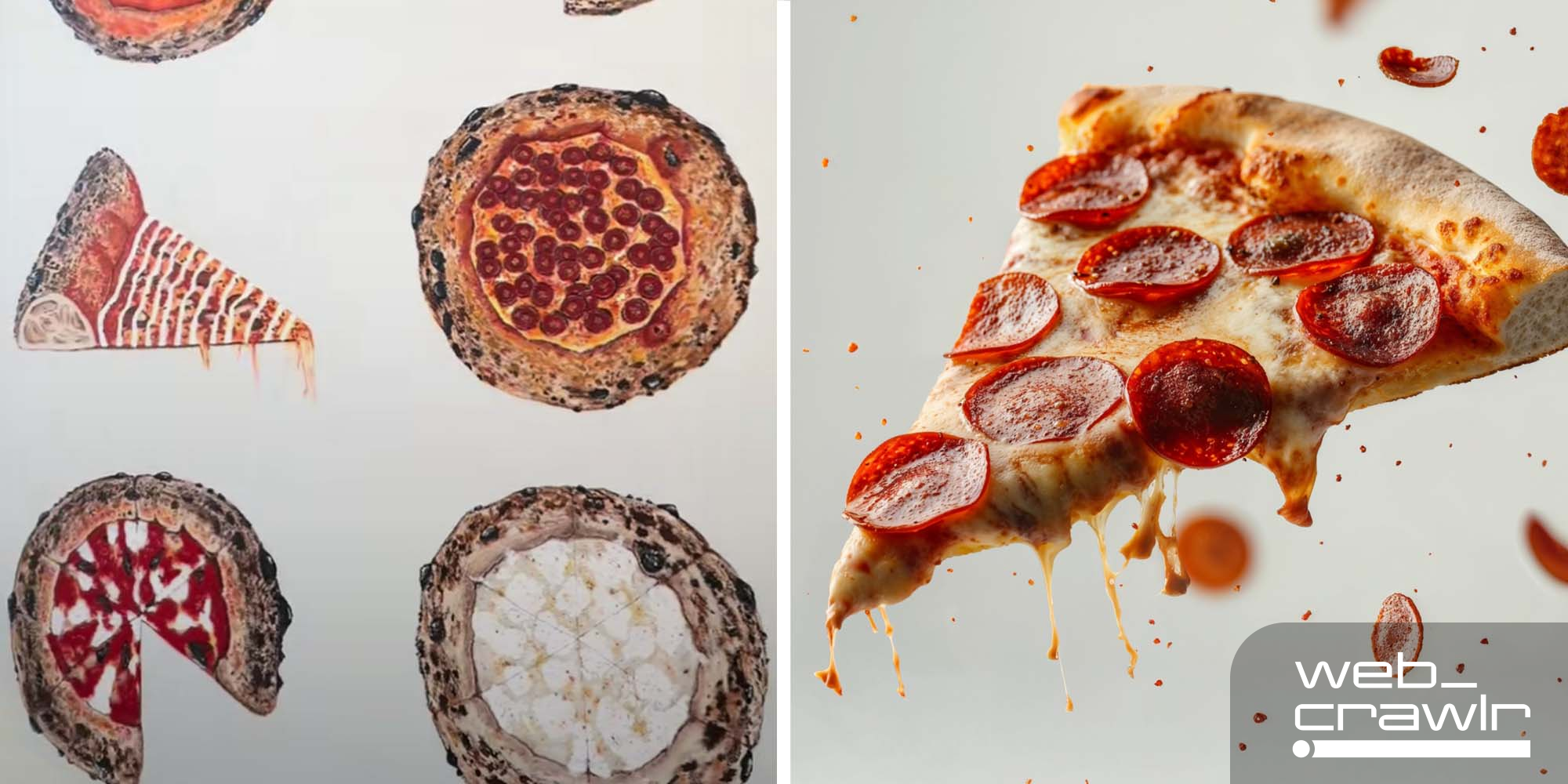 A pizza mural and a slice of pizza. The Daily Dot newsletter web_crawlr logo is in the bottom right corner.