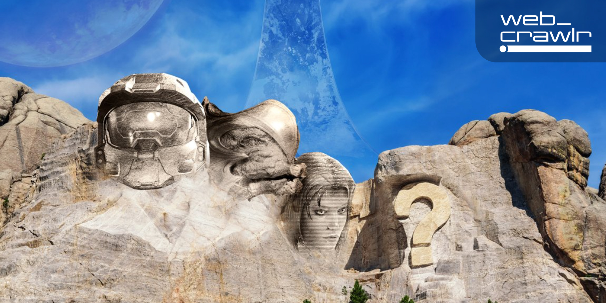 Halo characters on Mt. Rushmore. The Daily Dot newsletter web_crawlr logo is in the top right corner.