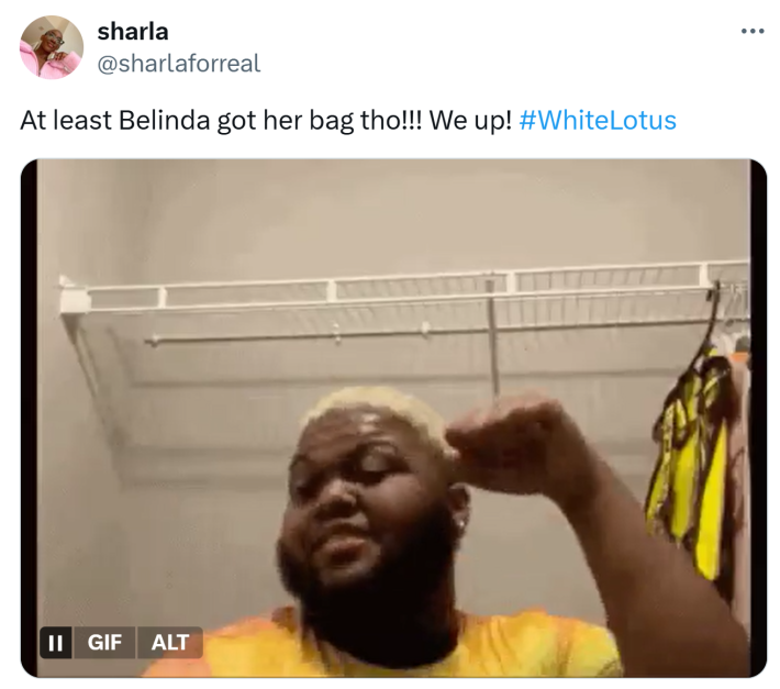 Tweet that says, "At least Belinda got her bag tho!!! We up!"
