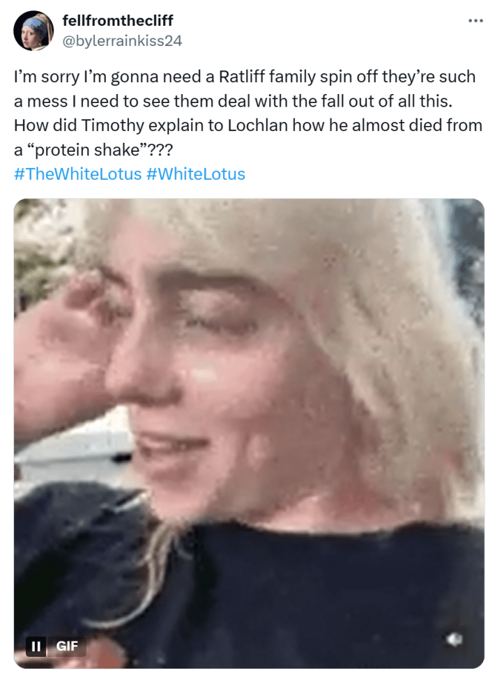 Tweet that says, "I’m sorry I’m gonna need a Ratliff family spin off they’re such a mess I need to see them deal with the fall out of all this. How did Timothy explain to Lochlan how he almost died from a 'protein shake'???"