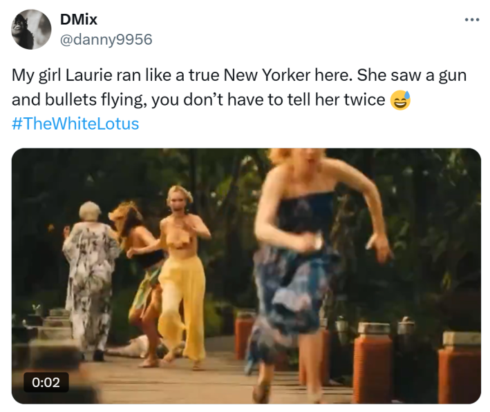 Tweet that says, "My girl Laurie ran like a true New Yorker here. She saw a gun and bullets flying, you don’t have to tell her twice" with a GIF of the women running off the pier.