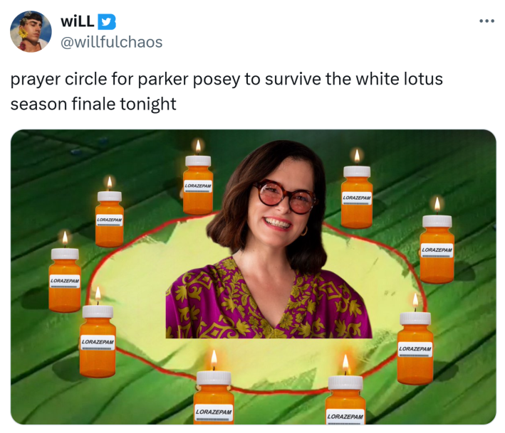 Tweet that says, "prayer circle for parker posey to survive the white lotus season finale tonight" with a poorly photoshopped image of Parker smiling surrounded by pill bottles turned into candles.