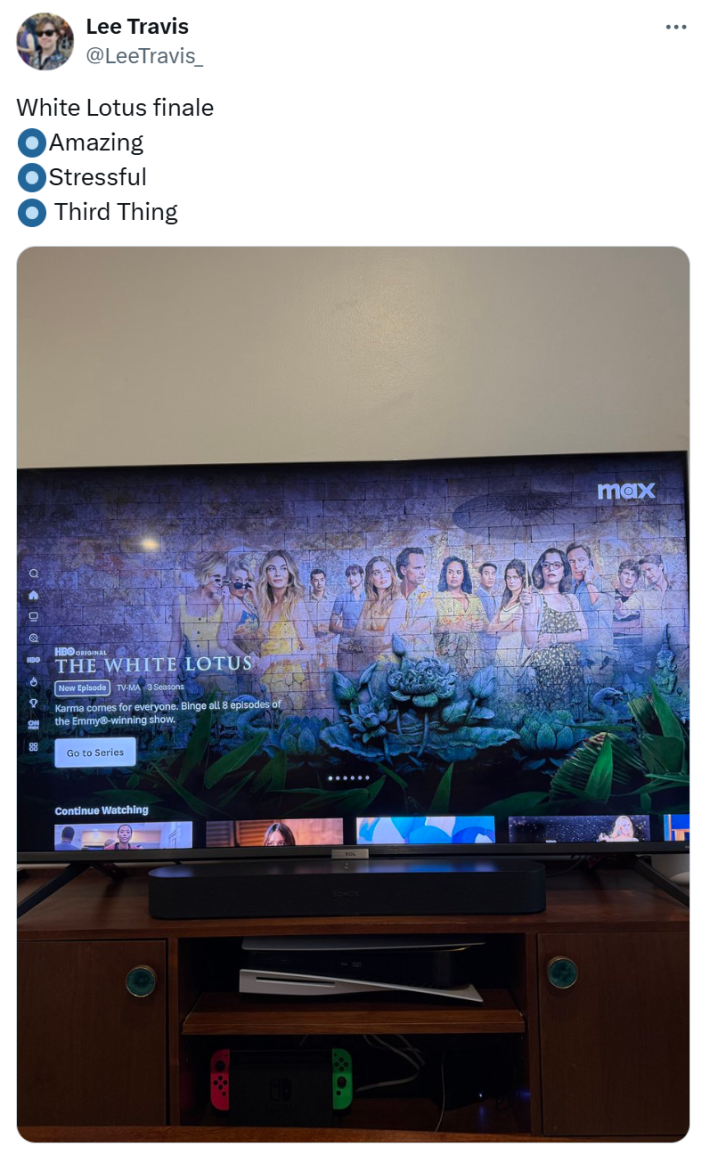 Tweet that says, "White Lotus finale - Amazing- Stressful- Third Thing" with a photo of the TV screen.