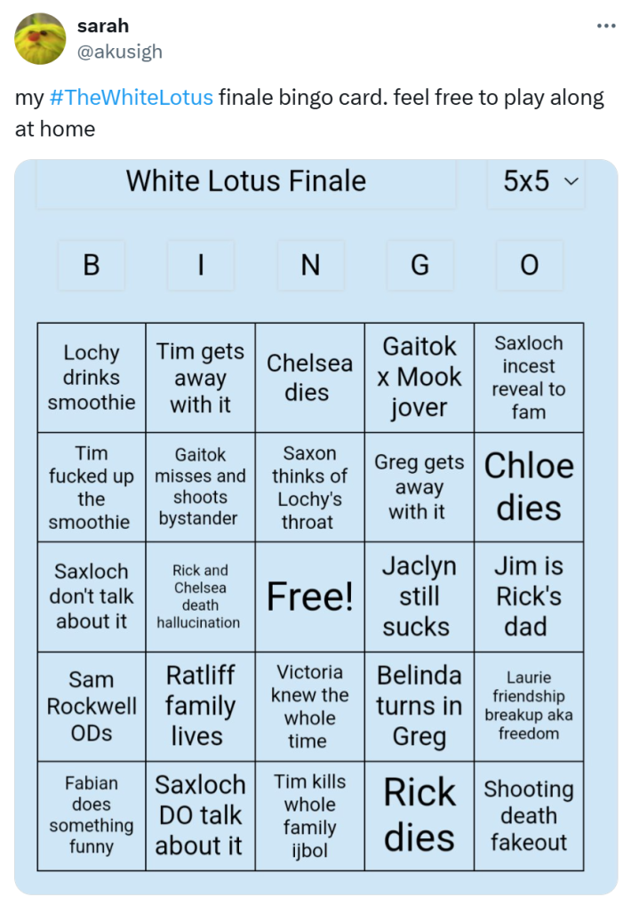 Tweet that says, "my #TheWhiteLotus finale bingo card. feel free to play along at home" with a photo of the card.