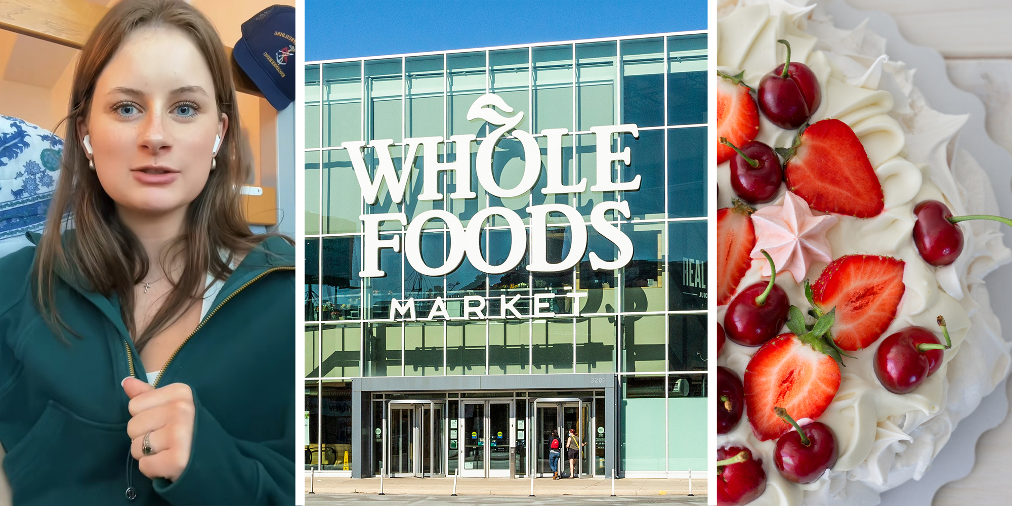 woman shares what she bought at wholefoods(l) Wholefoods Market Store Front(c) Berry Cake(r)