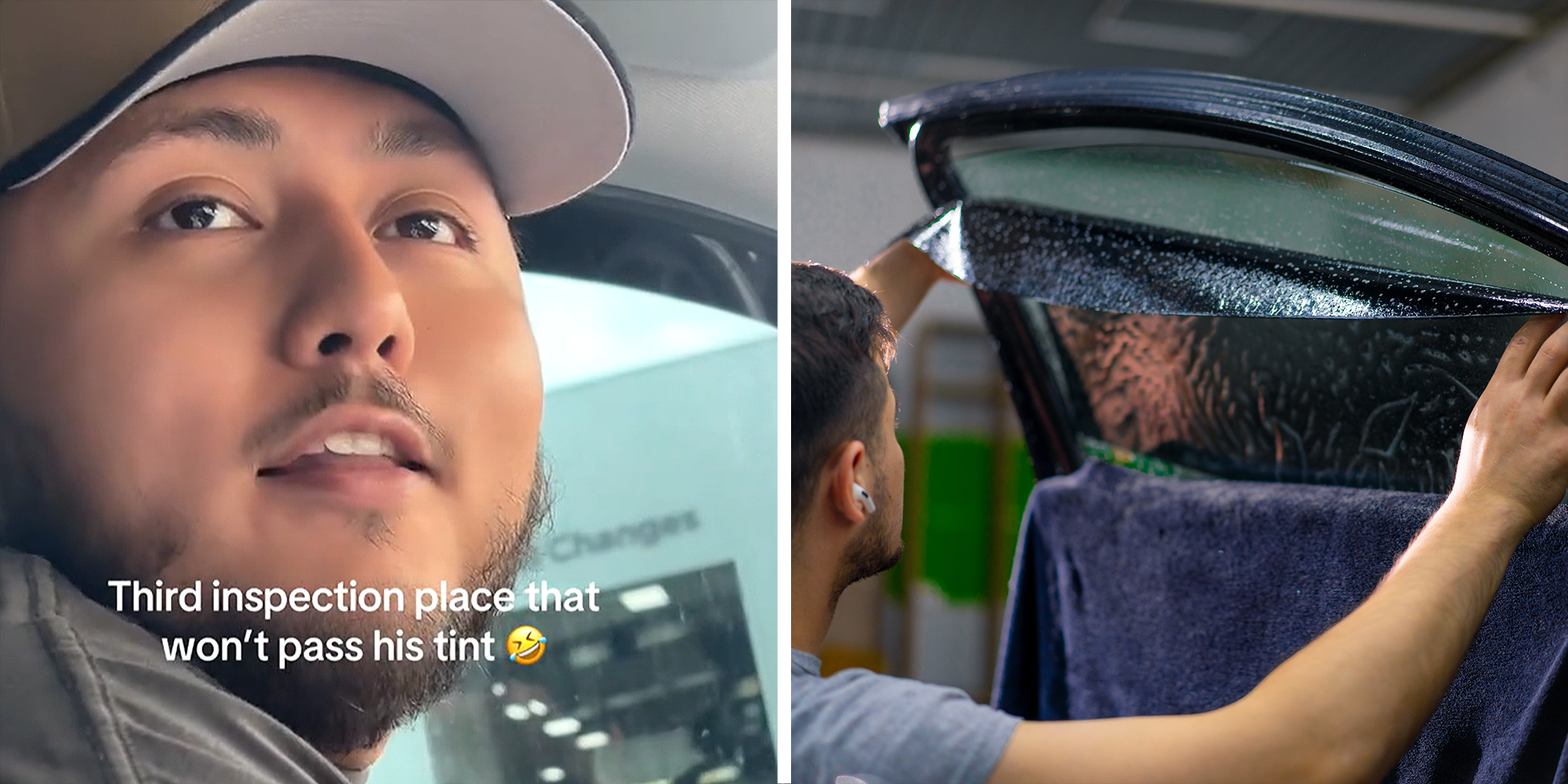 2 image split. Man with overlayed text that reads: "Third inspection place that won't pass his tint (laughing crying emoji) on left. Tint being applied to window on right.